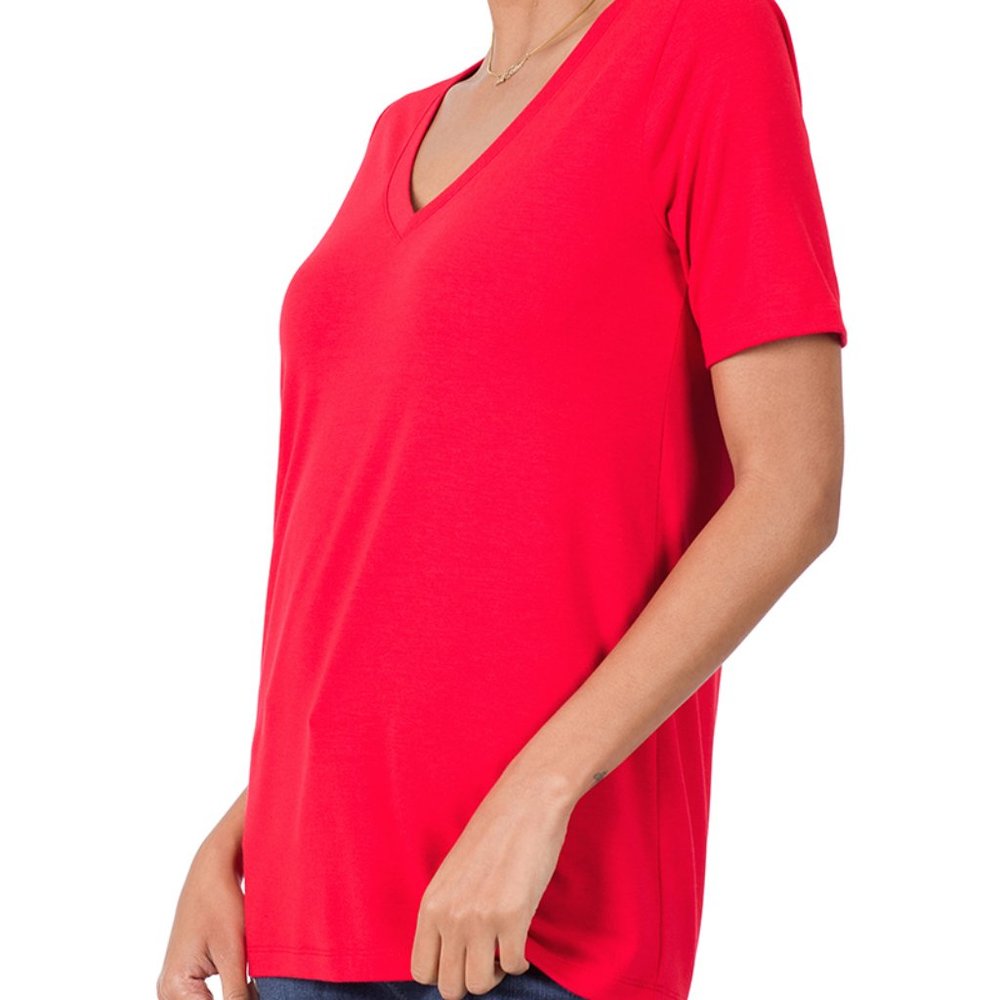 Women's Zenana Ruby Red V~Neck Short Sleeve Top
